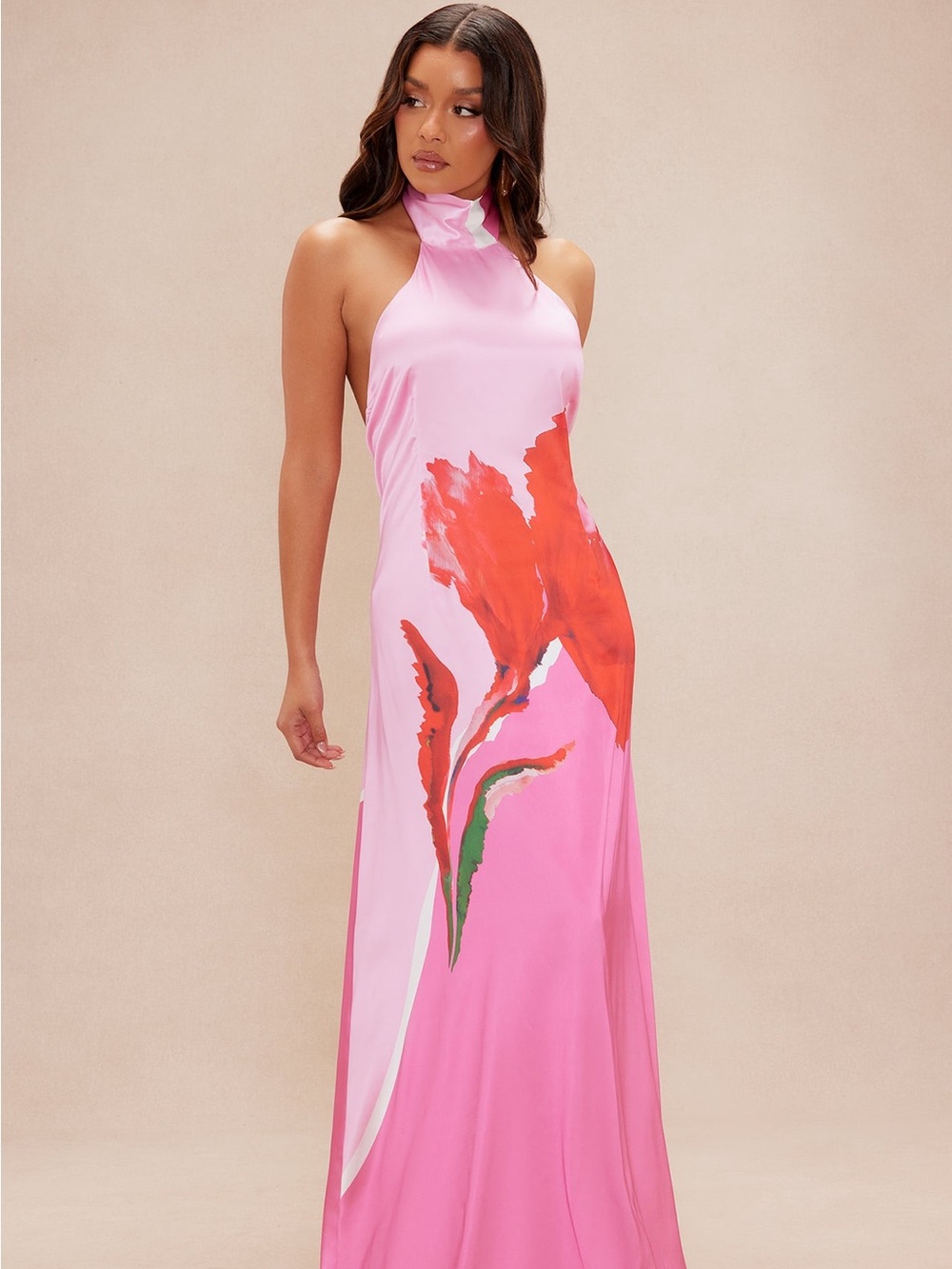 Fashion Nova Pink Halter Maxi Dress with Red Floral Accent